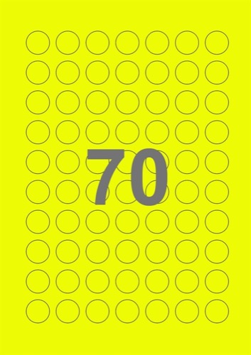 A4-etiketter, 70 Udstansede etiketter/ark, Ø20 mm, neon gul, 100 ark